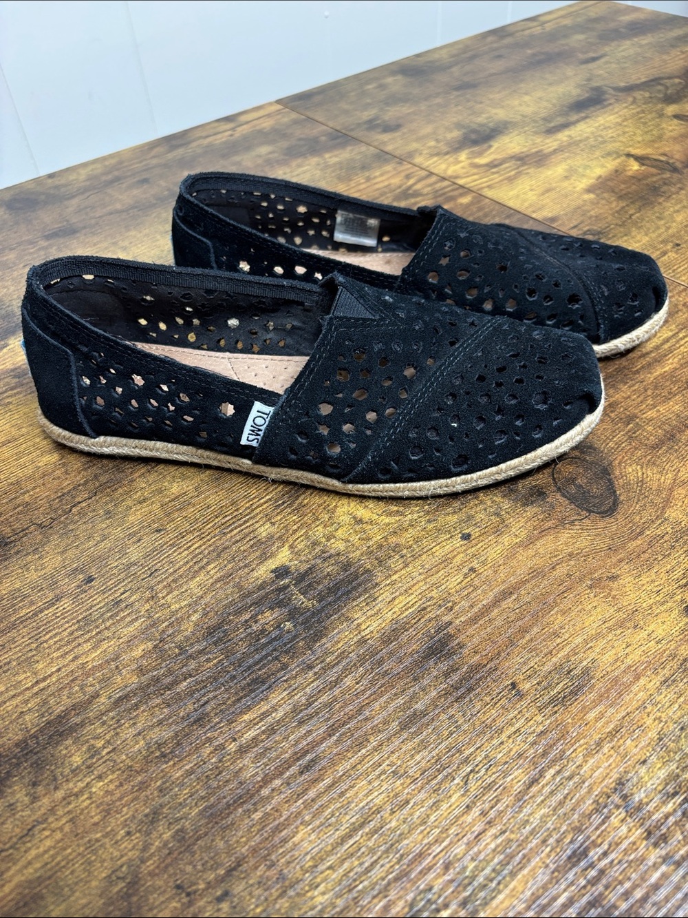 TOMS Black Perforated Slip-On Flats with Espadrille Trim